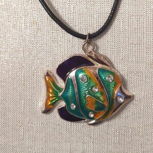 Vintage fish pendant necklace. Green and Orange tones on black leather corded